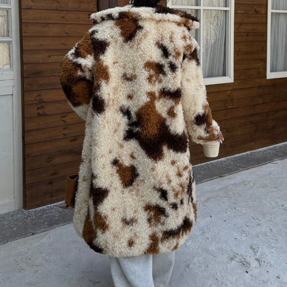 Multicolor Casual Women's Cow Print Faux Fur Jacket - Picture 2 of 6